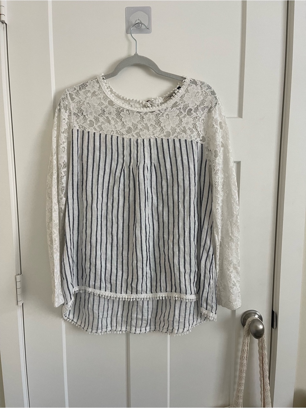 Lace Yoke Striped Long-Sleeve Blouse - White/Navy